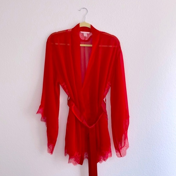 Rare Chantilly VS Lace Trim Short Robe Kimono One Size Red - Picture 3 of 8
